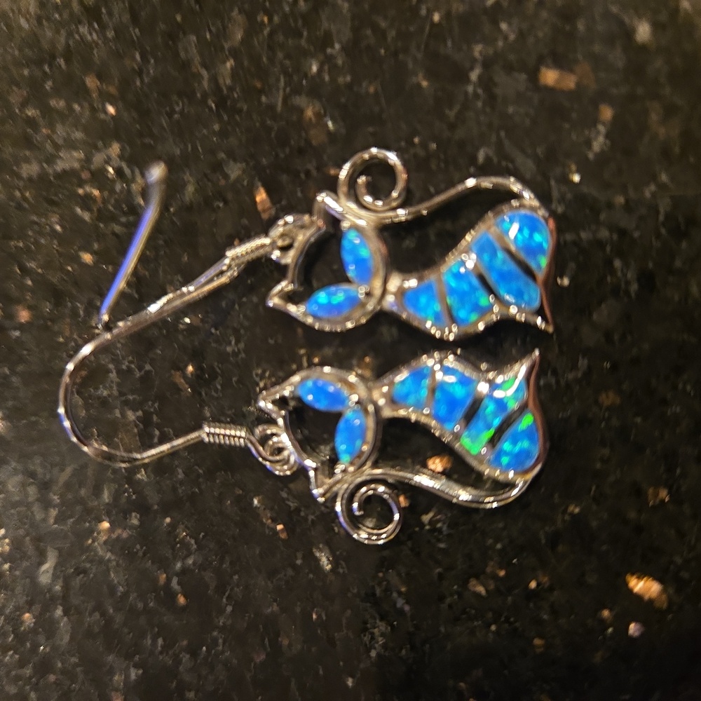 Created Blue Opaline Cat Earrings Sterling Silver Kitty Stylized Dangle … - Picture 8 of 9